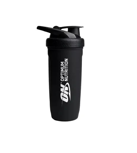 Schwarzer Optimum Nutrition Reforce Steel Smartshake 900ml – robuster Protein-Shaker für Fitness und Training. King's Family Fitness